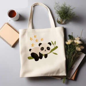 Cute Panda & Stars” – Charming Off-White Cotton Tote Bag
